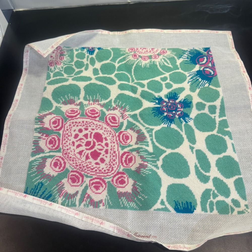 I Love Needlepoint Canvas Women 14x14 Teal Pink Floral Hand Painted Abstract